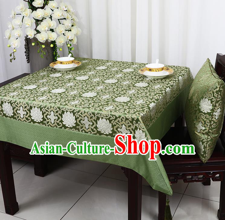 Chinese Traditional Lotus Pattern Green Brocade Table Cloth Classical Satin Household Ornament Desk Cover