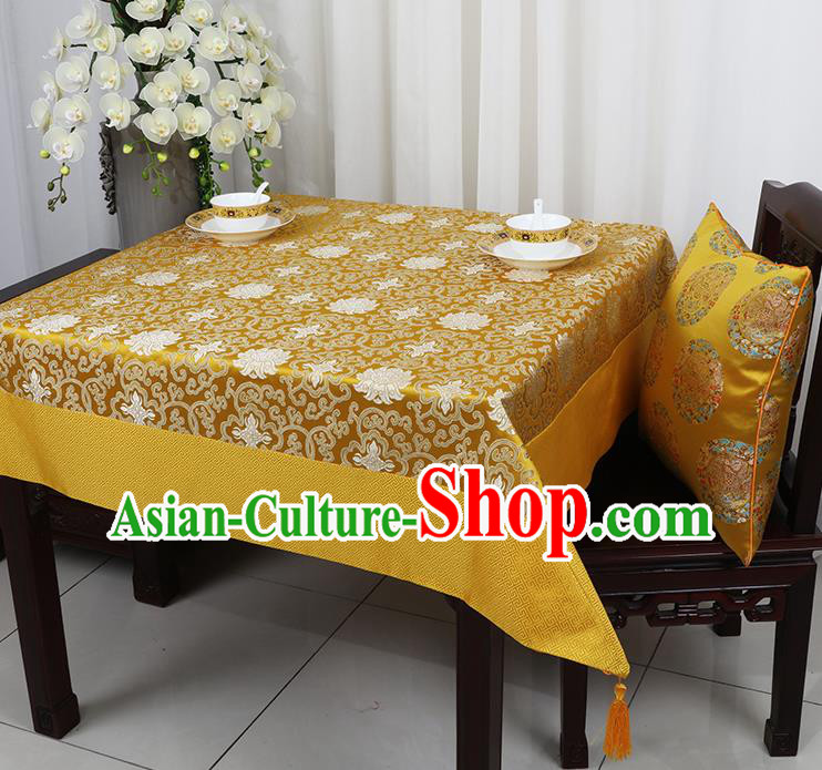 Chinese Traditional Lotus Pattern Golden Brocade Table Cloth Classical Satin Household Ornament Desk Cover