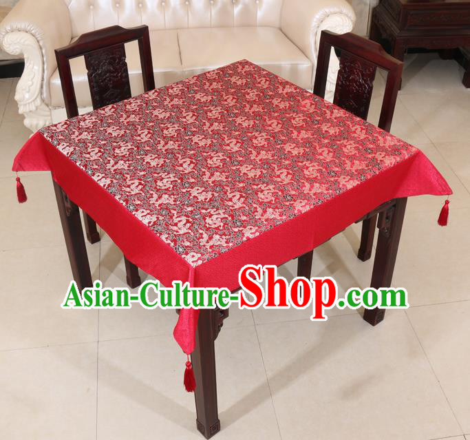 Chinese Traditional Dragons Pattern Red Brocade Desk Cloth Classical Satin Household Ornament Table Cover