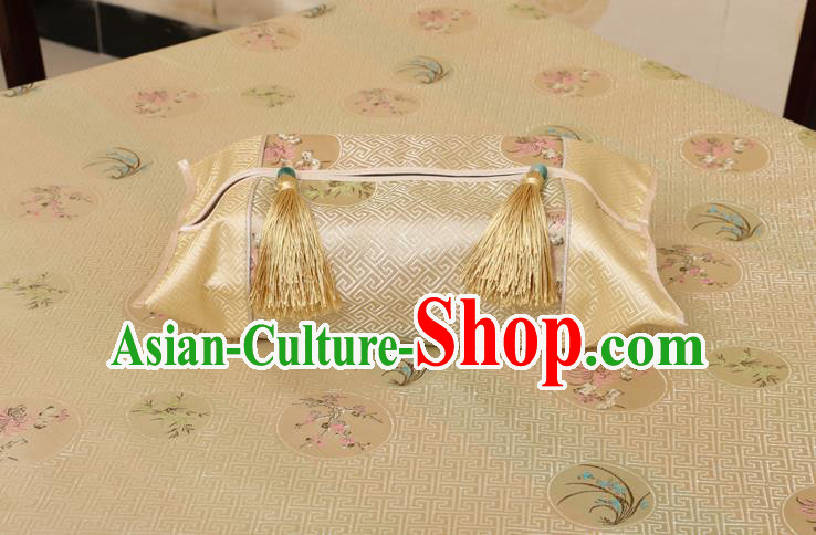 Chinese Traditional Orchid Bamboo Chrysanthemum Pattern Golden Brocade Desk Cloth Classical Satin Household Ornament Table Cover