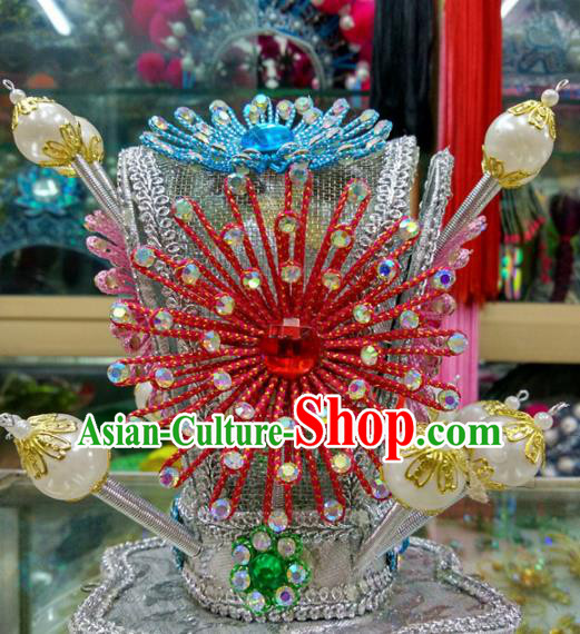 Chinese Traditional Beijing Opera Headwear Peking Opera Niche Red Beads Hairdo Crown for Adults