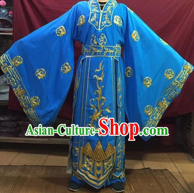 Chinese Traditional Beijing Opera Emperor Costume Peking Opera King Blue Embroidered Robe for Adults