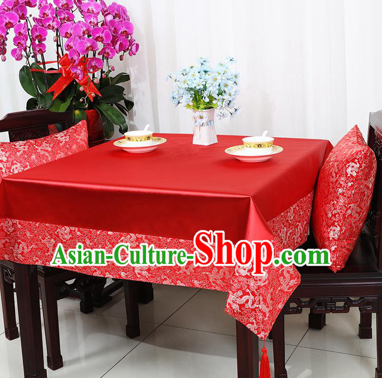 Chinese Traditional Dragons Pattern Red Brocade Table Cloth Classical Satin Household Ornament Desk Cover