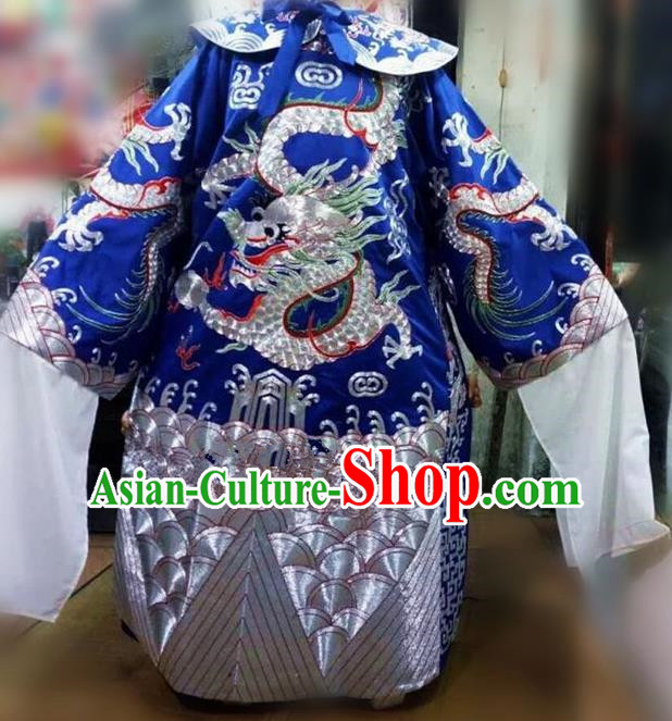 Chinese Traditional Beijing Opera Prime Minister Costume Peking Opera Chancellor Blue Embroidered Robe for Adults