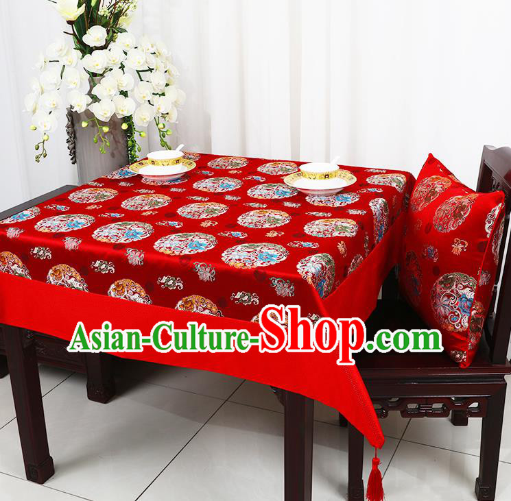 Chinese Traditional Peony Lotus Pattern Red Brocade Table Cloth Classical Satin Household Ornament Desk Cover