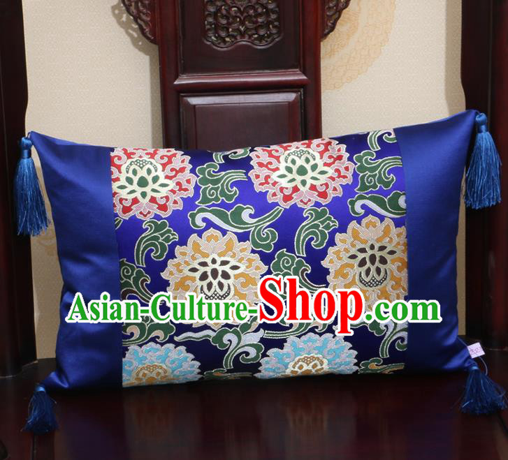 Chinese Traditional Lotus Pattern Royalblue Brocade Back Cushion Cover Classical Household Ornament