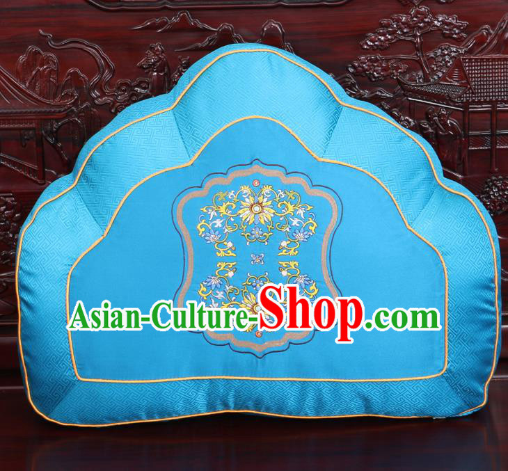Chinese Traditional Embroidered Chrysanthemum Pattern Blue Brocade Back Cushion Cover Classical Household Ornament