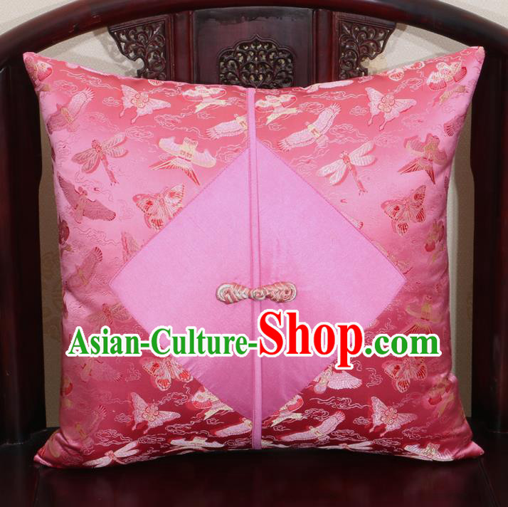 Chinese Classical Kite Pattern Pink Brocade Pipa Button Back Cushion Cover Traditional Household Ornament