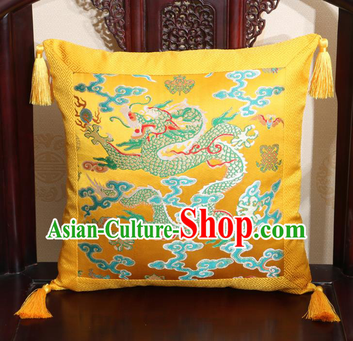 Chinese Classical Cloud Dragon Pattern Golden Brocade Square Cushion Cover Traditional Household Ornament