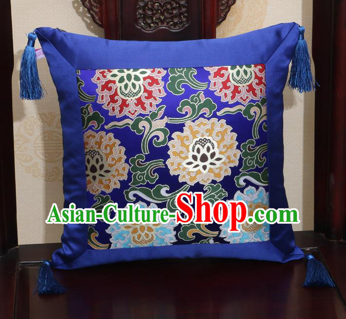 Chinese Classical Lotus Pattern Royalblue Brocade Square Cushion Cover Traditional Household Ornament