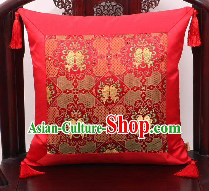 Chinese Classical Double Fishes Pattern Red Brocade Square Cushion Cover Traditional Household Ornament