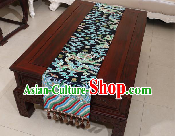 Chinese Traditional Dragon Pattern Navy Brocade Table Flag Classical Satin Household Ornament Table Cover