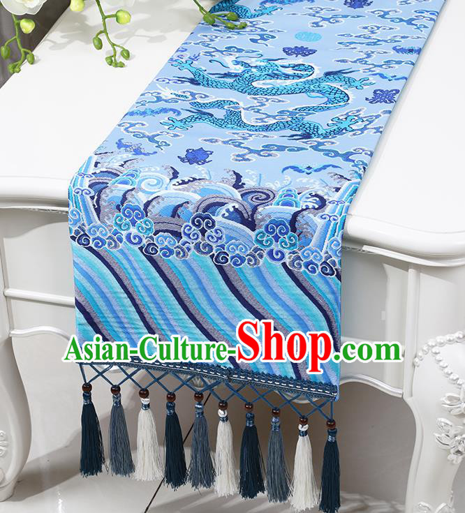 Chinese Traditional Dragon Pattern Blue Brocade Table Flag Classical Satin Household Ornament Table Cover
