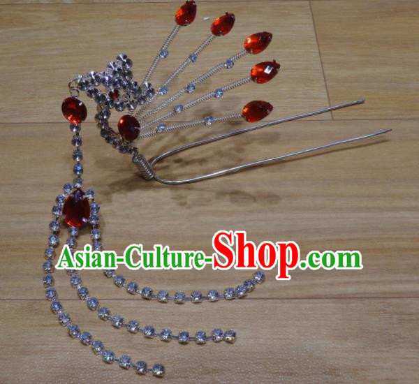 Chinese Traditional Beijing Opera Diva Red Crystal Phoenix Tassel Hairpins Princess Hair Accessories for Adults