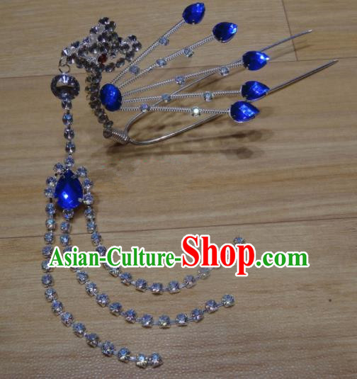 Chinese Traditional Beijing Opera Diva Royalblue Crystal Phoenix Tassel Hairpins Princess Hair Accessories for Adults