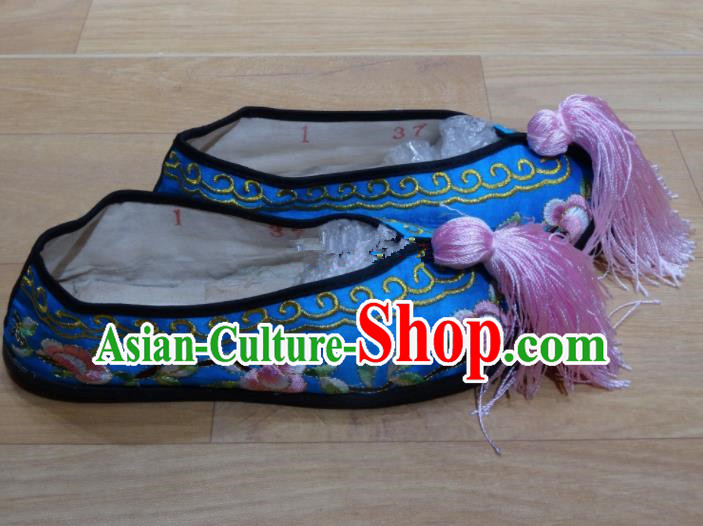 Chinese Traditional Beijing Opera Diva Embroidered Shoes Princess Blue Shoes for Adults