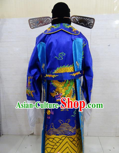 Chinese Traditional Beijing Opera Prime Minister Royalblue Embroidered Robe Peking Opera Old Men Costume for Adults