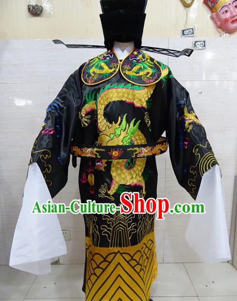 Chinese Traditional Beijing Opera Prime Minister Black Embroidered Robe Peking Opera Old Men Costume for Adults