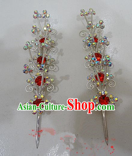 Chinese Traditional Beijing Opera Red Crystal Hairpins Princess Hair Accessories for Adults
