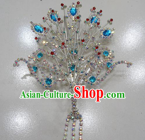 Chinese Traditional Beijing Opera Queen Phoenix Hairpins Princess Blue Crystal Tassel Hair Clip for Adults