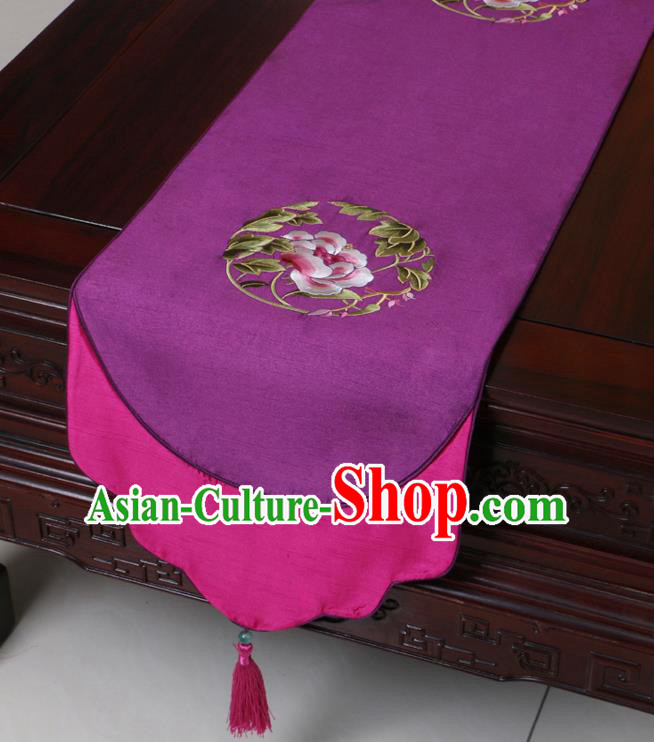 Chinese Traditional Embroidered Peony Purple Brocade Table Cloth Classical Satin Household Ornament Table Flag