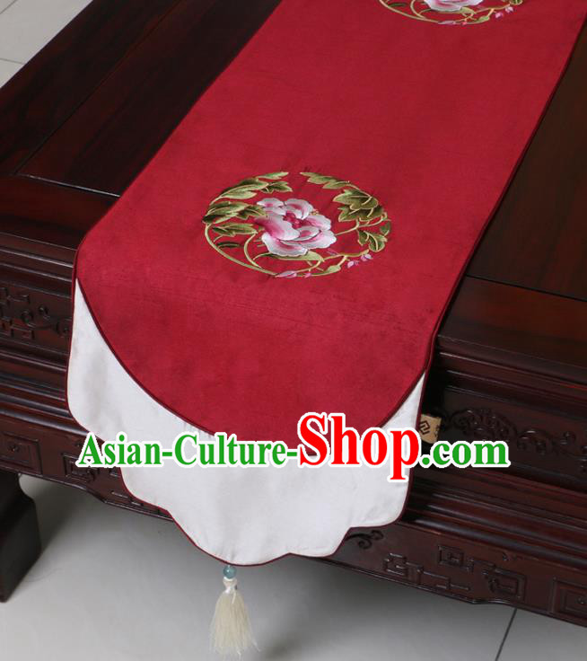 Chinese Traditional Embroidered Peony Wine Red Brocade Table Cloth Classical Satin Household Ornament Table Flag