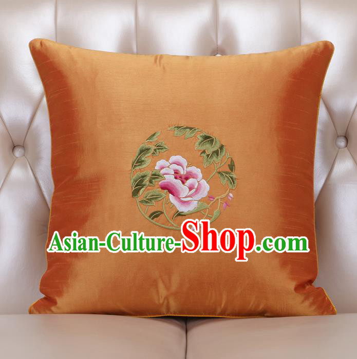 Chinese Traditional Embroidered Peony Orange Brocade Back Cushion Cover Classical Household Ornament