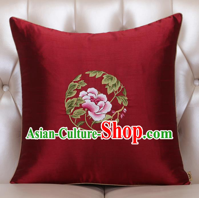 Chinese Traditional Embroidered Peony Purplish Red Brocade Back Cushion Cover Classical Household Ornament