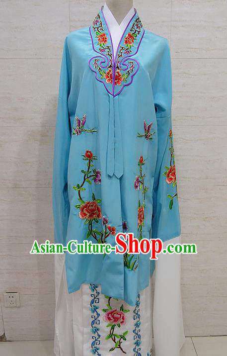Chinese Traditional Beijing Opera Embroidered Peony Blue Dress Peking Opera Diva Costume for Adults