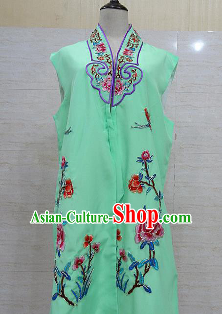 Chinese Traditional Beijing Opera Maidservants Green Embroidered Peony Waistcoat Peking Opera Costume for Adults