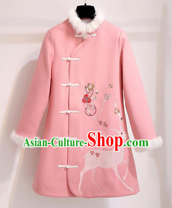 Chinese Traditional Costume Tang Suit Pink Dust Coat Cheongsam Upper Outer Garment for Women