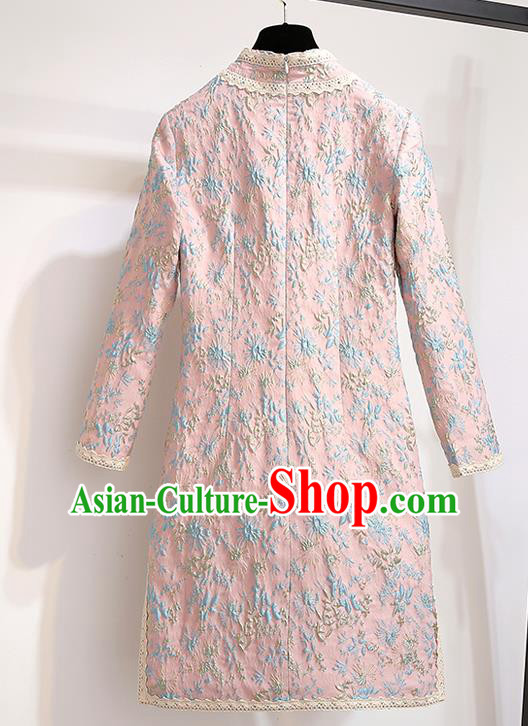 Chinese Traditional Tang Suit Costume Embroidered Pink Cotton Wadded Qipao Dress Cheongsam for Women