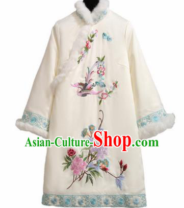 Chinese Traditional Tang Suit Costume Embroidered Peony White Cotton Wadded Qipao Dress Cheongsam for Women