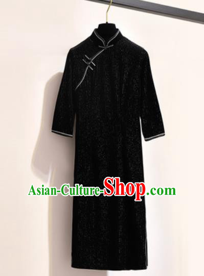 Chinese Traditional Tang Suit Costume Black Qipao Dress Cheongsam for Women