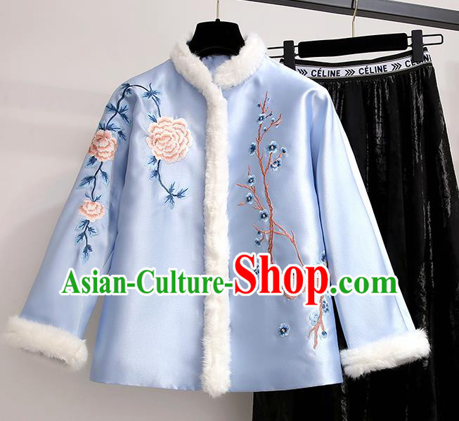 Chinese Traditional Costume Tang Suit Blue Silk Qipao Blouse Cheongsam Upper Outer Garment for Women