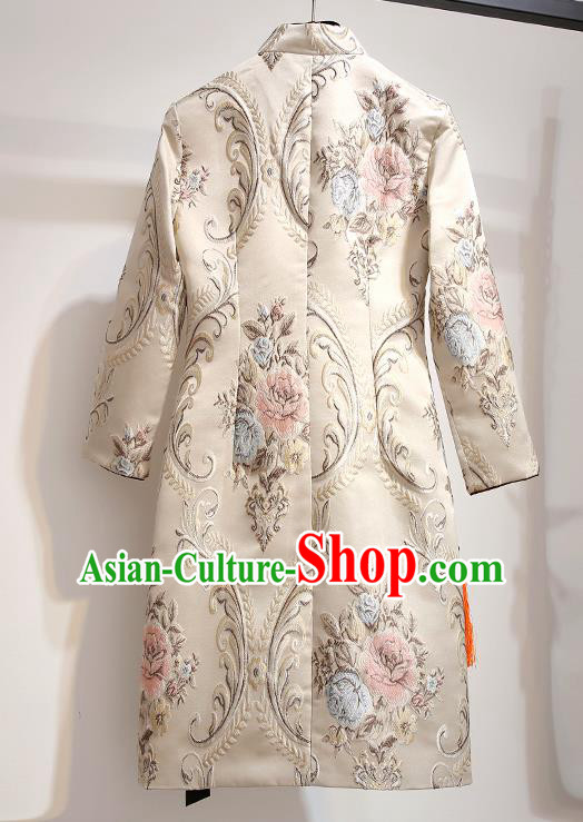 Chinese Traditional Costume Tang Suit Qipao Dress Beige Cheongsam for Women