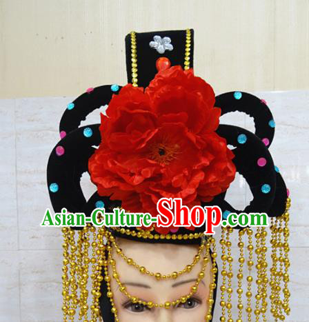 Chinese Traditional Beijing Opera Actress Hair Accessories Ancient Peri Red Peony Hairpins and Wigs for Adults
