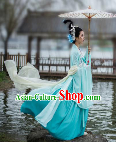Chinese Ancient Goddess Peri Green Hanfu Dress Traditional Tang Dynasty Imperial Concubine Historical Costume for Women