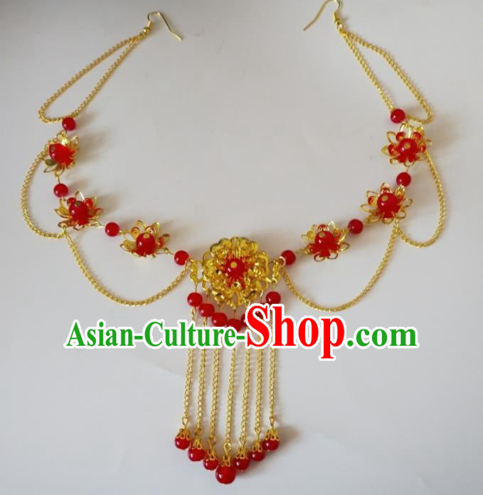 Chinese Traditional Wedding Hair Accessories Ancient Princess Red Beads Eyebrows Pendant Frontlet for Women