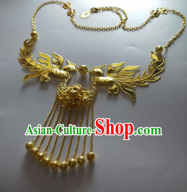 Chinese Traditional Wedding Jewelry Accessories Ancient Princess Golden Phoenix Necklace for Women