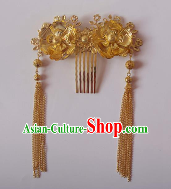 Chinese Traditional Wedding Hair Accessories Golden Hair Comb Ancient Princess Hairpins for Women
