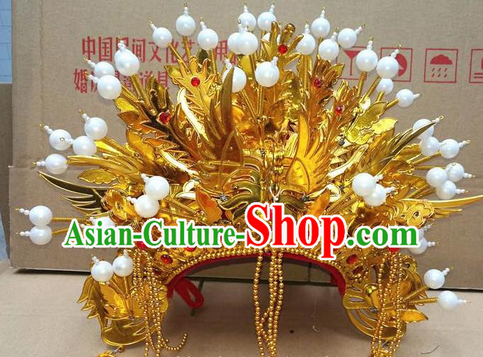 Chinese Traditional Beijing Opera Queen Hair Accessories Ancient Bride Golden Tassel Phoenix Coronet Headwear