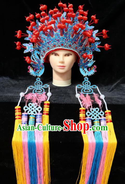 Chinese Traditional Beijing Opera Queen Hair Accessories Ancient Bride Blue Phoenix Coronet Headwear