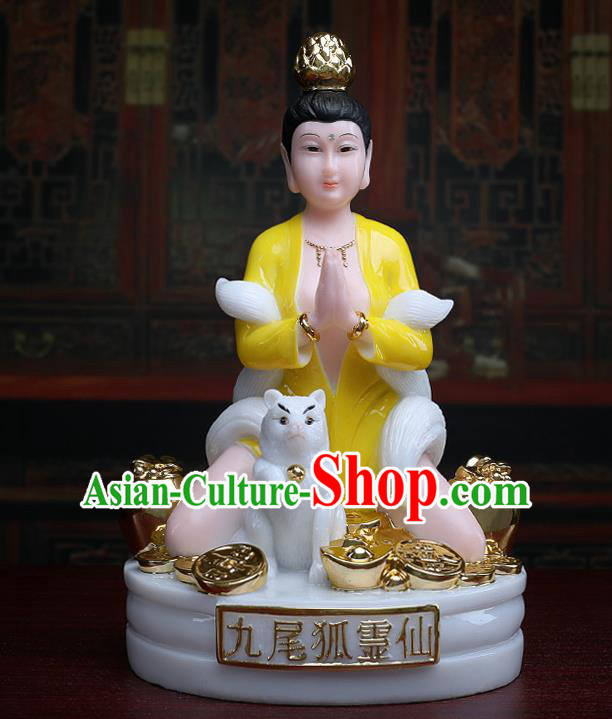 Chinese Traditional Religious Supplies Feng Shui Yellow Gumiho Goddess Statue Taoism Decoration