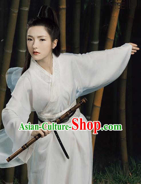 Chinese Ancient Drama Swordswoman White Hanfu Dress Traditional Ming Dynasty Heroine Costume for Women