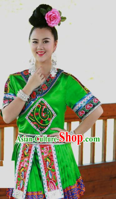 Chinese Traditional Miao Nationality Costume Ethnic Folk Dance Green Dress for Women