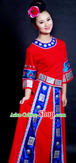 Chinese Traditional Miao Nationality Wedding Costume Hmong Ethnic Red Dress for Women