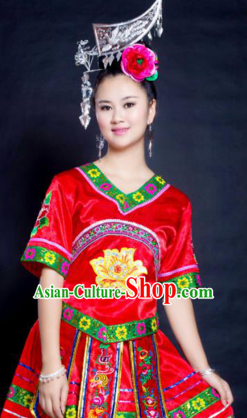 Chinese Traditional Miao Nationality Red Costume Hmong Ethnic Folk Dance Pleated Skirt for Women