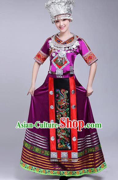 Chinese Traditional Miao Nationality Female Costume Ethnic Folk Dance Purple Dress for Women