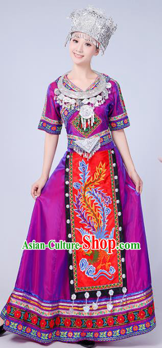 Chinese Traditional Miao Nationality Costume Hmong Female Ethnic Folk Dance Purple Long Dress for Women